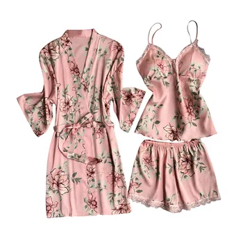 5vnt/set Pavasario Ponios Šilko Pižama Rinkiniai, Chalatai Gėlių Spausdinti Pajama Sleepwear Spageti Diržas Satino Pižamos 2020 m.