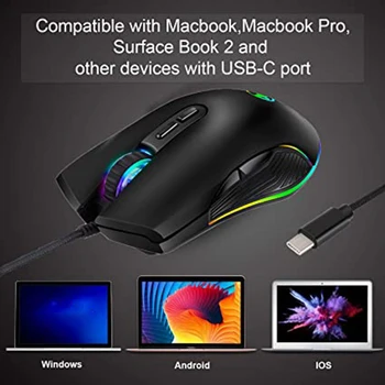 USB C Pelės Tipas C Ergonomiškas Laidinio Pelės RGB Žaidimų Pelė Optinė Pelė