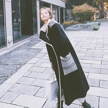 Juodas vilnonis paltas Moterų Vidutinio ilgio 2020 m. rudens ir žiemos Naujų korėjos versija prarasti sutirštės kolegija stiliaus vilnonis kailis banga