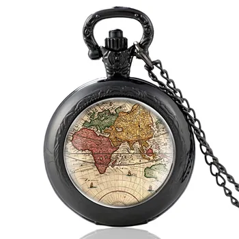 Antikos Pasaulio Žemėlapio Dizaino Stiklo Cabochon Kvarco Kišenėje Žiūrėti Derliaus Vyrams, Moterims, Pakabukas Karoliai Grandinės Laikrodis