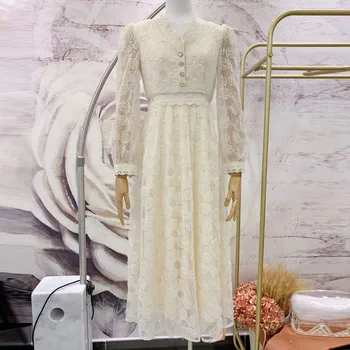 AELESEEN Aukštos Kokybės Nėrinių Suknelė Mados kilimo ir tūpimo Tako ilgomis Rankovėmis 3D Gėlių Siuvinėjimas Blizgučiais Elegantiškas V-Kaklo Christams Šalis Suknelė