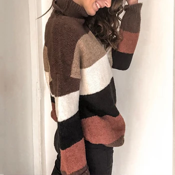 Atsitiktinis Femme Trikotažas Negabaritinių Megztinis Rudenį, Žiemą, Golfo Puloveriai Moterų Derliaus Dryžuotas Moterims Megztiniai Megzti Viršūnės