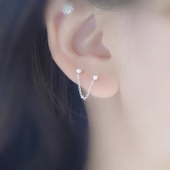 Du ausies skylę ryšio 925 sterlingas sidabro auskarai dvigubai ausies skylę granulių grandinės gėlių ausies stud auskarai tendencija cute girl ausies brangakmenis