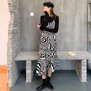 Korėjiečių Moterų V-Kaklo Apynasrio Ilga Suknelė be Rankovių Slim Tunika Slydimo Suknelė Prarasti Zebra Modelis-line Nereguliarus Suknelės