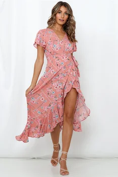 Visiškai Nauja, Vasaros Suknelė Moterims Boho Gėlių Maxi Suknelė V Kaklo, Pynimas Padalinta Ilga Suknelė Atsitiktinis Atostogų Paplūdimio Suknelės Sundress S-XL