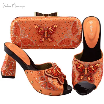 Mados Stilius 2020 Naujas Ateina italijos Dizaino atitikimo batų ir maišelį nustatyti afrikos vestuvių Oranžinės Spalvų Batus ir Pagalvių Rinkinys
