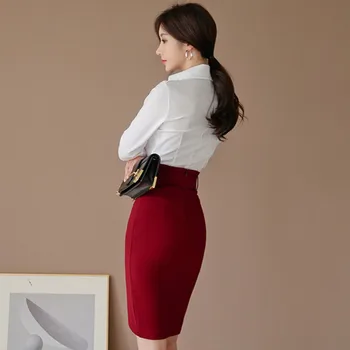 Korėjos Stiliaus 2 dalių Rinkinys Moterims Akių Kratinys pasukite žemyn apykaklės ilgomis Rankovėmis Marškinėliai + Diržas Aukšto Juosmens Padalinta Sijonas Rinkiniai