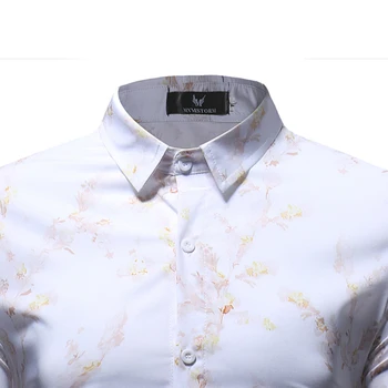 Baltos Spalvos Gėlių Spausdinti Marškinėliai Vyrų 2020 M. Visiškai Nauja, Slim Fit Long Sleeve Mens Suknelė Marškiniai Chemise Atsitiktinis Šalis Atostogų Marškinėliai Vyrams