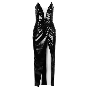 Seksualus Juodas Akių Gazas Pu Odos Ilga Suknelė 2020 Naujas Moterų Berankovis Stebėjimo Bodycon Suknelė Klubas Vakare Šalies Vestidos