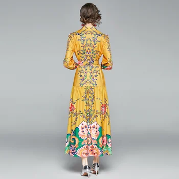 Moteriški kilimo ir tūpimo tako rudenį Dizaineris maxi geltona suknelė drabužiai, diržas slim Atsitiktinis ilgomis rankovėmis šalis Gėlių atostogų Swing suknelė moteris