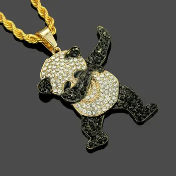 Aukso Spalvos, kalnų krištolas Hip-Hop Šokių Juokingi Gyvūnų Panda Pakabukas Lediniame iš Roko Karoliai už Mens Papuošalai, Dovanos