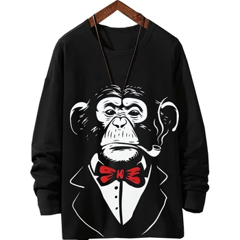 2019 m. Rudenį Slim Streetwear o neck T Shirt Vyrams, Atsitiktinis Sporto Viršūnės&Tees spausdinti beždžionė ilgomis Rankovėmis Megztinis marškinėliai Homme Plus Size