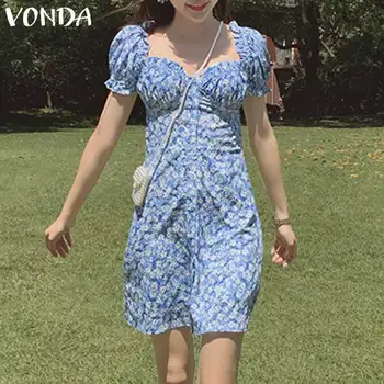 Moterų Elegantiškas Gėlių Mini Suknelė 2021 VONDA Seksualus Sluoksniuotos Rankovėmis Šortai Rankovės Mini Vasaros suknelės Plius Dydžio Bohemijos Sundress