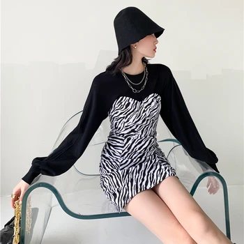 SHENGPLLAE Zebra Modelis Oatcheork Suknelė Moterų Pavasario 2021 Nauji Aukštos Juosmens, Plonas Montavimo ilgomis Rankovėmis-line Mini Suknelės 5A1122
