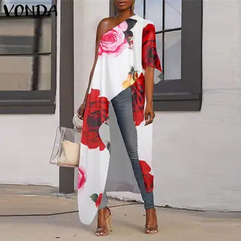 2021 Moterų Derliaus Gėlių Palaidinės VONDA Elegantiškas Ponios Ilgi Marškiniai Plius Dydis Asimetrinė Viršūnes Femme Blusas Atsitiktinis Streetwears