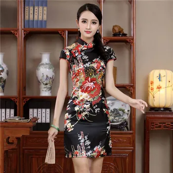 Trumpas Stiliaus Cheongsam Tradicinės Kinų Mini Suknelė Juodos spalvos Moteriški Elegantiškas Plonas Viskozė Qipao Naują Atvykimo Vestido Dydis S M L XL XXL
