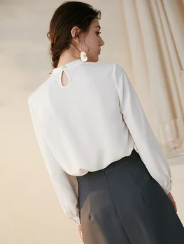 Intelektinės priemiestinių marškinėliai moterų 2020 m. Naujų temperamentas balta ilgomis rankovėmis marškinėliai profesinės OLIS stovėti apykaklės marškinėliai
