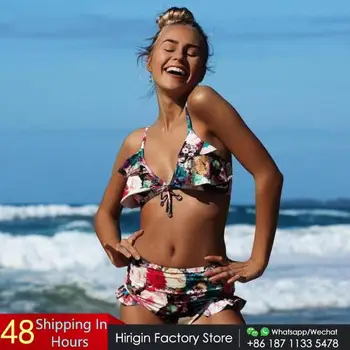 2018 Gėlių Spausdinti Bikini Aukšto Juosmens Moterų Maudymosi Kostiumėliai, Maudymosi Push-Up Paminkštintas Bikini Tankini Paplūdimio