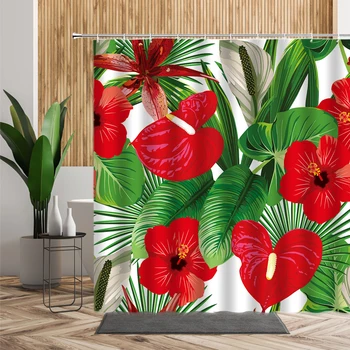 Žalia Lapų Raudona Gėlė, Vonios kambarys Dušo Užuolaidos Tropinių Augalų Kūrybos Dekoro Pavasario Gėlių, Lapų Europos Stiliaus 3D Vonios Užuolaidos
