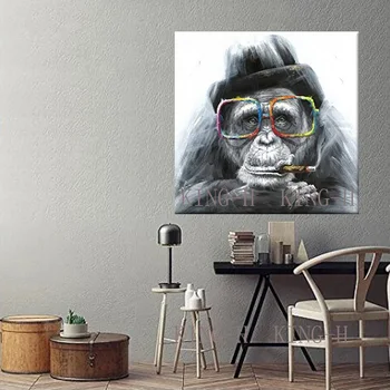 Rankomis dažyti aliejus, tapyba beždžionė juoda ir raudona skrybėlę nešioti akinius beždžionė rūkyti vaikų kambarys yra papuoštas salė sofa