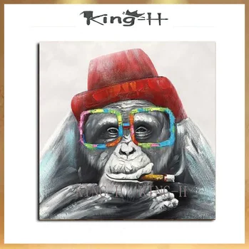 Rankomis dažyti aliejus, tapyba beždžionė juoda ir raudona skrybėlę nešioti akinius beždžionė rūkyti vaikų kambarys yra papuoštas salė sofa