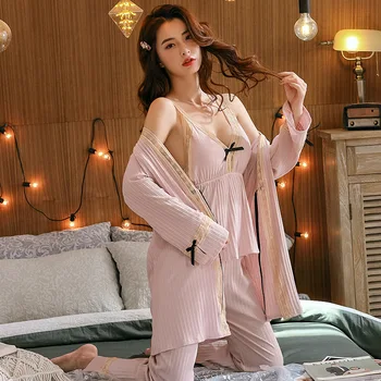 HAOOHU 2020 m. žiemos naujas moterų pižama namų kostiumas seksualus mados nėriniai camisole cardigan skraiste, laisvas kelnes 3-pc MEDVILNĖS minkštas sleepwear
