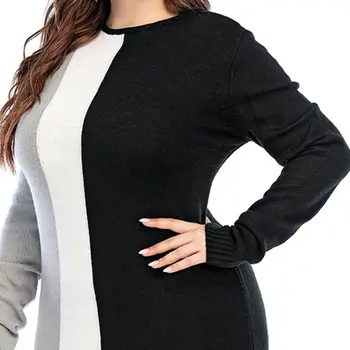 Moterų Ilgas Rankovėmis Midi Sweater Dress O-Kaklo Triguba Spalvos Bloką Dryžuotas Megztinis