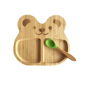 Bambuko vaikų vakarienė plokštės vaikams, cartoon dubuo rinkinys, neslidus silikono vakarienė plokštės