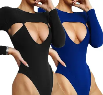 Mados 2019 Moterų Sexy Ilgomis Rankovėmis Tuščiaviduriai Iš Romper Viršūnes Jumpsuit Bodysuit Ruožas Leotard Šortai, Kelnės Bodycon Slim Clubwear