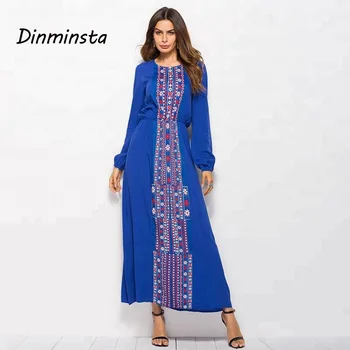 Dinminsta Moterų Mėlyna Musulmonų Tunika Suknelė Ilgomis Rankovėmis Custom Print Indijos Viskozė Maxi Suknelės Moteris Naują Pavasario Frock Dizaino 2019