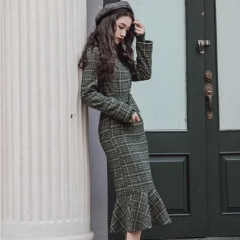 Derliaus Elegantiškas Megztiniai Žalia Skara Tvido Dviejų Dalių Rinkinys Moterims Streetwear Rudens Ir Žiemos Plonas Pynimas Ilga Suknelė Tiktų S-L