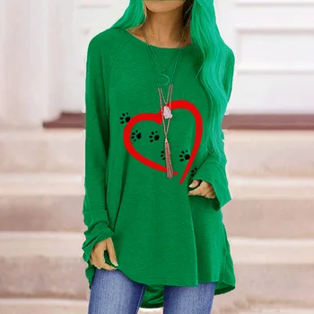 Rudenį Naujų Smagių Meilės Šunų Pėdų Spausdinti Apvalios Kaklo Long Sleeve T-shirt Moterims