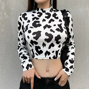 Moterų Rudenį Golfo Juoda Balta Pieno Karvė Atspausdintas T-Shirt Atsitiktinis Ilgomis Rankovėmis Bodycon Viršūnes Tinka Seksualus Pagrindinis Megztinis Streetwear