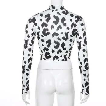 Moterų Rudenį Golfo Juoda Balta Pieno Karvė Atspausdintas T-Shirt Atsitiktinis Ilgomis Rankovėmis Bodycon Viršūnes Tinka Seksualus Pagrindinis Megztinis Streetwear