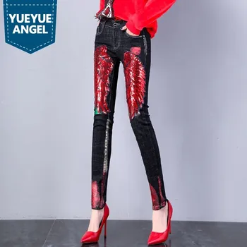 Rudenį, Žiemą Storas Red Wings Blizgančiais Moterų Džinsinio Audinio Kelnės Korėjos Mados Visas Ilgis Punk Stiliaus Slim Fit Moterų Pieštuku Kelnės