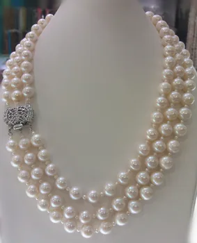 Didmeninė 3 eilėmis natūralių AA 9-10mm baltas apvalių gėlavandenių perlų ir gražus užsegimas karoliai