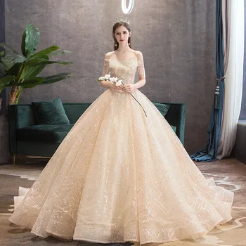 Vestuvinė Suknelė 2021 Prabangos Valtis Kaklo Valymo Traukinio Kamuolys Suknelė Nuo Peties Princesė Bling Bling Nėrinių Vestido De Noiva