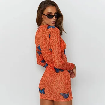 Seksualus Bodycon Suknelė Moterims Drugelis Spausdinti Akių Ilgomis Rankovėmis 2020 Metų Vasaros Šalis Clubwear Liesas Skaidri Oranžinė Leopard 