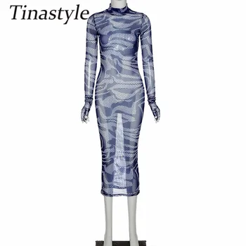 Tinastyle Printted Matyti Per Vien Akies Seksuali Suknelė Moterims Ilgomis Rankovėmis Bodycon Midi Šalis Suknelė Vestidos Naktinis Klubas Komplektai