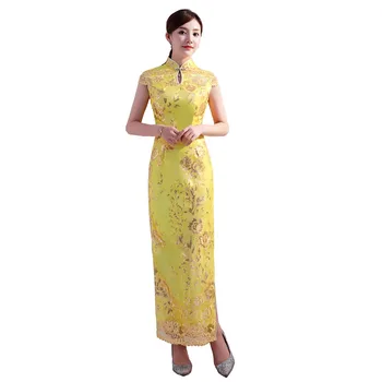 Šanchajaus Istoriją Aukso tradicinę suknelę, Blizgančiais Ilgai Qipao Trumpas Rankovės Nėrinių cheongsam Moterų Oriental Suknelė