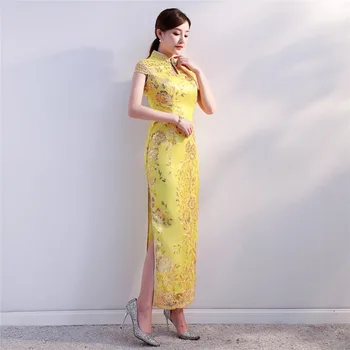 Šanchajaus Istoriją Aukso tradicinę suknelę, Blizgančiais Ilgai Qipao Trumpas Rankovės Nėrinių cheongsam Moterų Oriental Suknelė