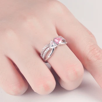 Knobspin 925 Sterling Silver Pink Dvigubo Širdies Vestuviniai Žiedai Moterims Yra Didelių Anglies, Deimantų Šalies Smulkių Papuošalų Didmeninė