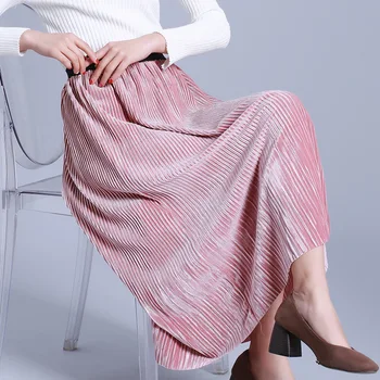 2018 m. pavasarį, sijonai, naujas, ponios korėjos versija aukso aksomo sijonas bauda plisuotos aukšto liemens sijonas mados klostuotas sijonas