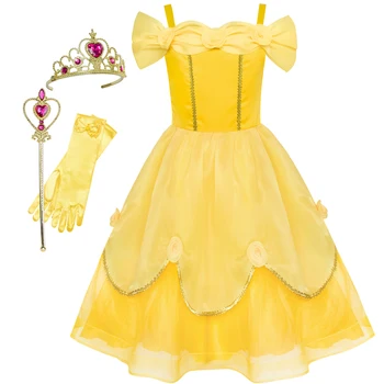 Princesė Belle Grožio ir Žvėrys Priedai Karūna Magic Wand 2020 Metų Vasaros Vestuvių Suknelės, Šaliai, Vaikų Drabužiai Inscenizacija Sundress