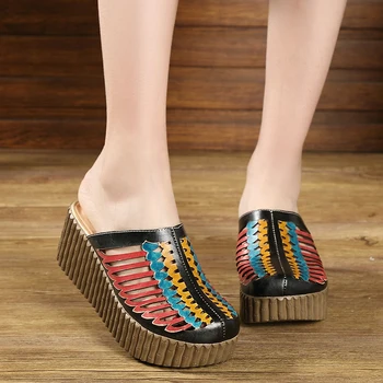 Moterų sandalai fifo paplūdimio šlepetės vasaros moterų odiniai batai etninės namų pleištai platforma, sandalai, šlepetės moterims 35-40 dydis