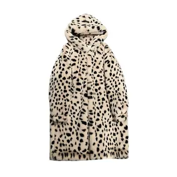 Elegantiškos Dirbtiniais Kailiais Leopardas Spausdinti Striukė Moterų 2020 M. Rudens Ir Žiemos korėjos Mados Prarasti Vidutinio Ilgio Gobtuvu Kailis Prabangus Paltas y738