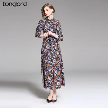 Tonglord Rudenį Moterų Europos ir Amerikos Suknelė, Apačia Padalinta ilgomis rankovėmis Atspausdintas Ilgas Sijonas Lieknėjimą Juosmens, Kojų Plika Suknelė