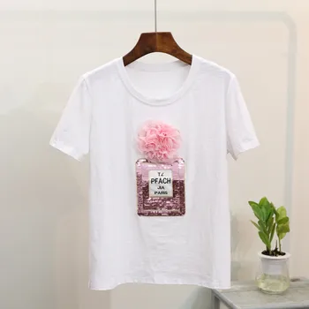 2018 m. Pavasario Vasaros marškinėliai 3D gėlių blizgančiais Butelis marškinėlius vatos pagaliukai moterų marškinėliai