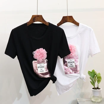 2018 m. Pavasario Vasaros marškinėliai 3D gėlių blizgančiais Butelis marškinėlius vatos pagaliukai moterų marškinėliai