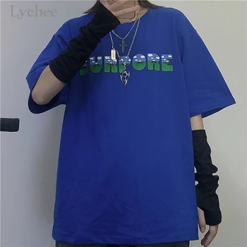 Ličiai Harajuku Atsitiktinis Vasaros marškinėliai Mados Įdomus Laiškas Spausdinti Trumpas Rankovės Hip-Hop Moterų Prarasti Viršūnes Tees Mėlynos Spalvos marškinėliai